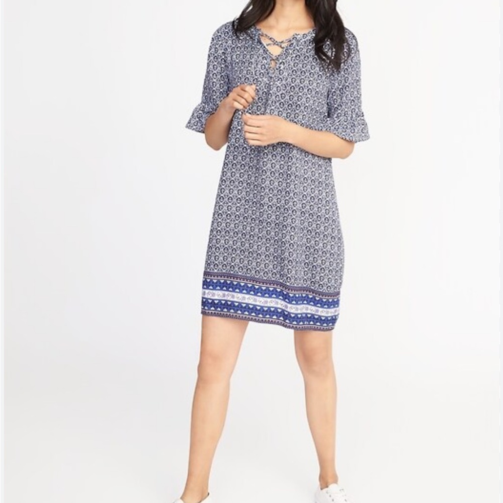 Old Navy Lace-Up-Yoke Shift Dress Blue and White Patterned Dress